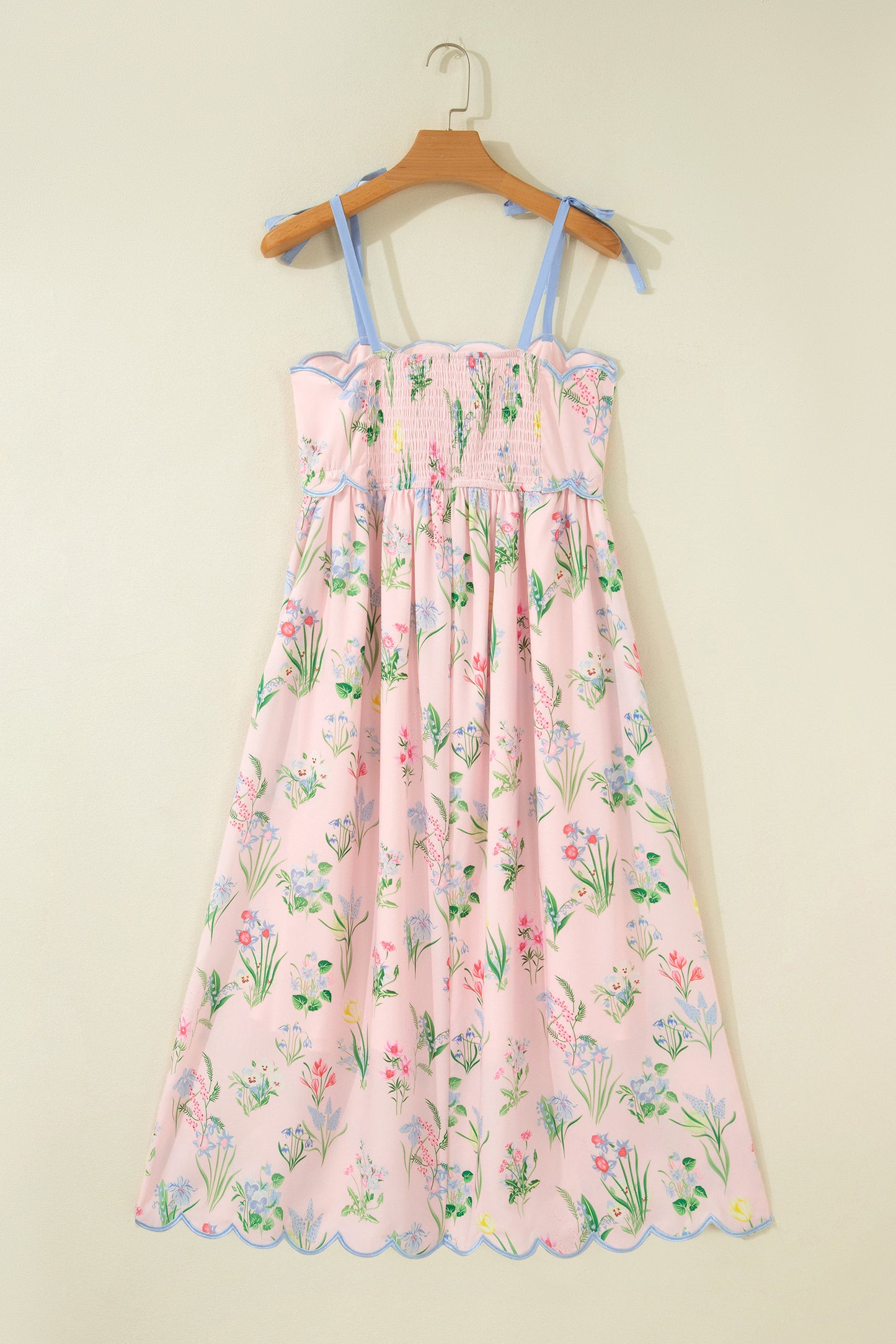 Floral Print Contrast Trim Self-tie Straps High Waist Midi Dress