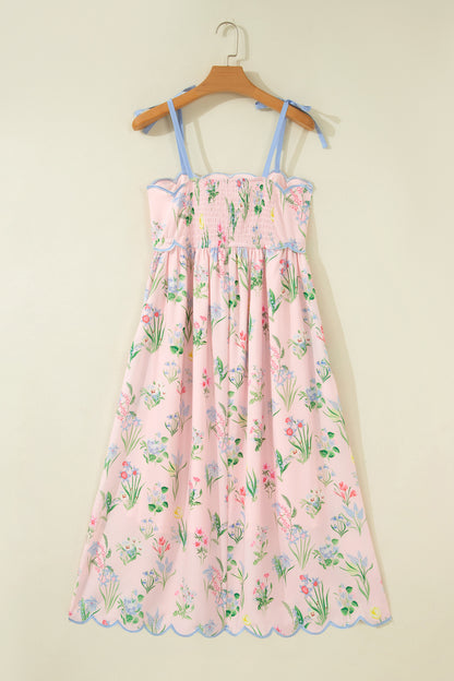 Floral Print Contrast Trim Self-tie Straps High Waist Midi Dress
