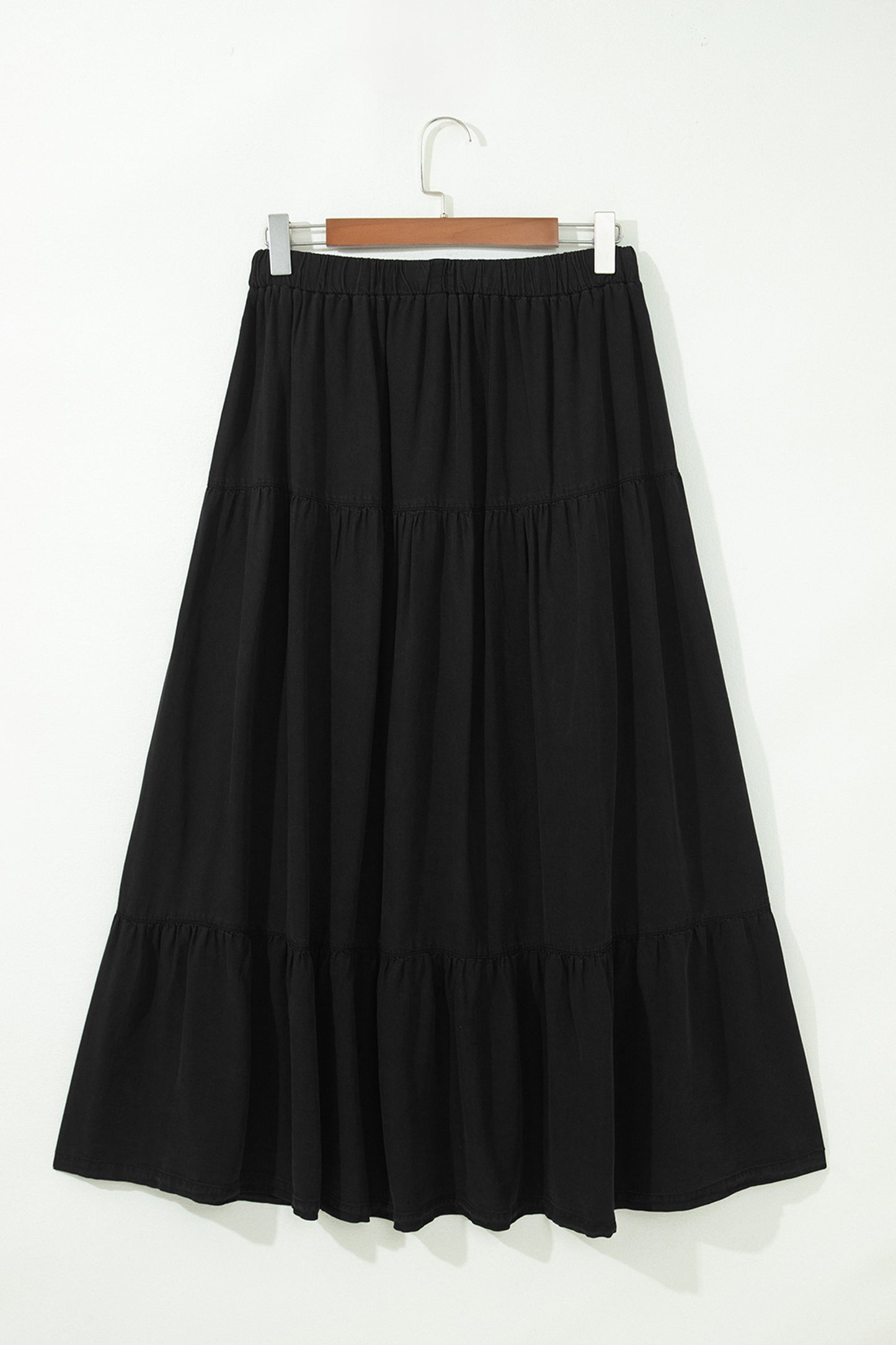 Elastic Waist Ruffled Tiered Flared Denim Maxi Skirt