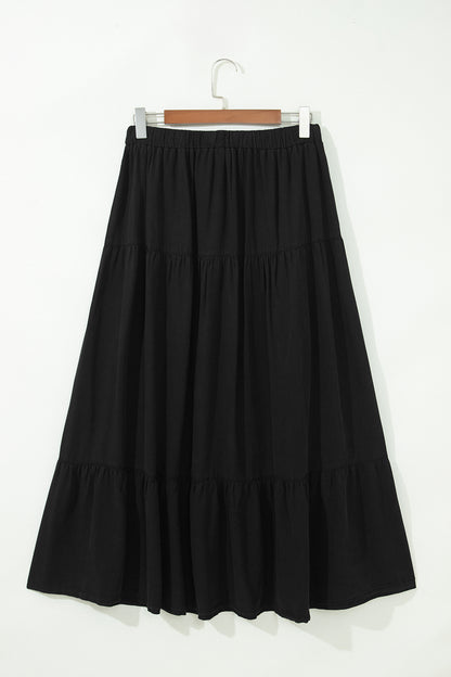 Elastic Waist Ruffled Tiered Flared Denim Maxi Skirt