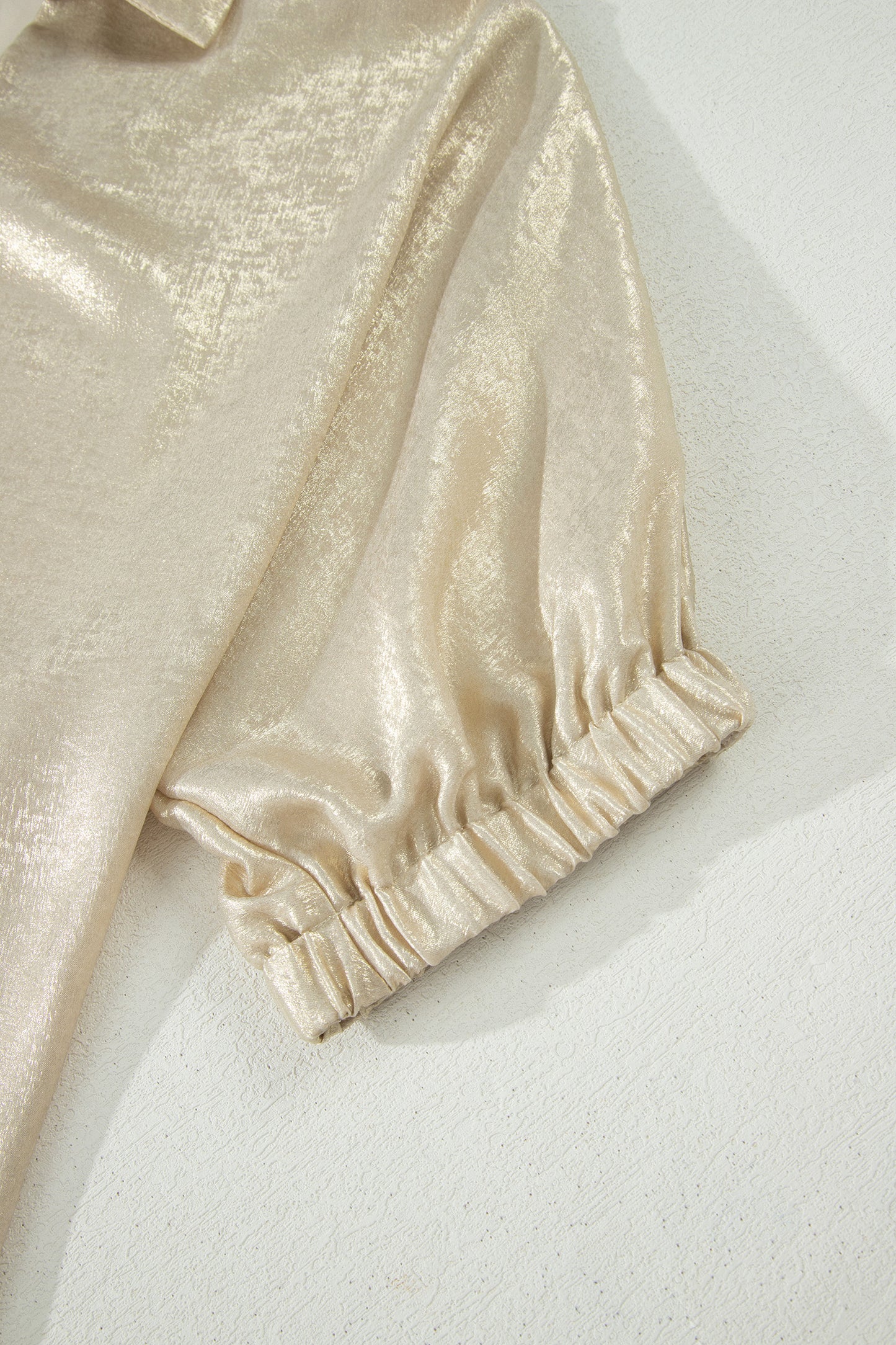 Collared V Neck Half Sleeve Metallic Top
