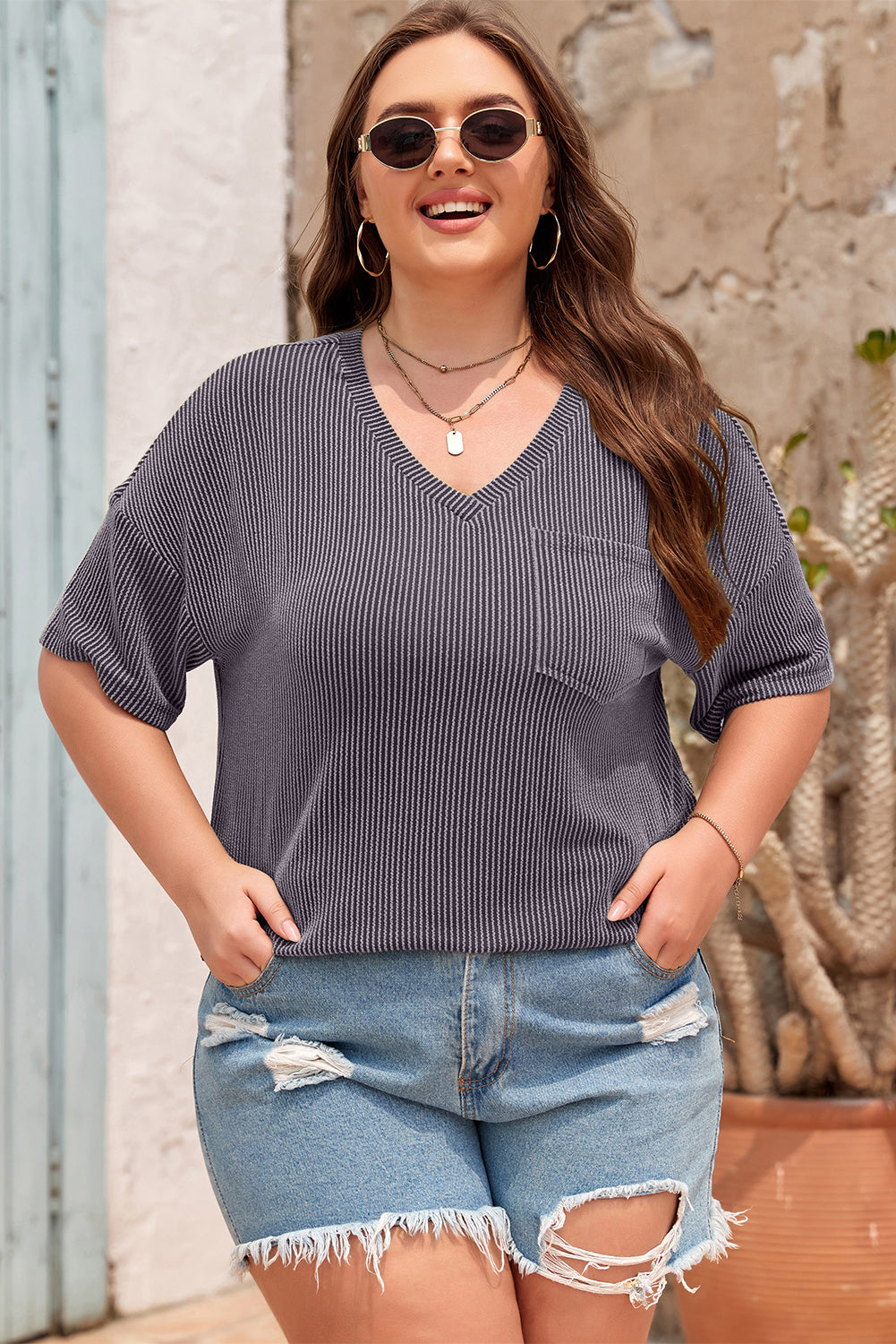 Textured V-Neck Dropped Shoulder Plus T-Shirt