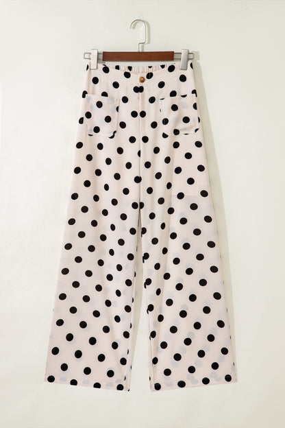 White Polka Dot Print Patched Pocket Loose Pants