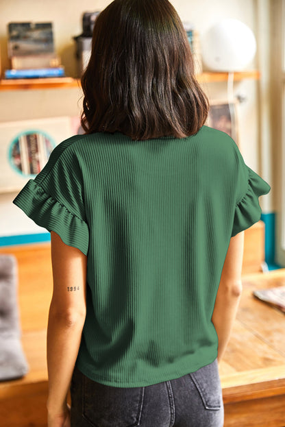 Jungle Green Solid Color Ribbed Ruffled Short Sleeve T Shirt
