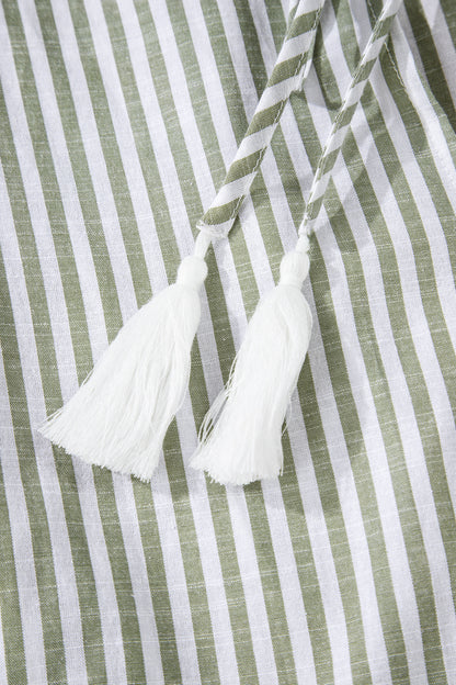 Green Stripe Tasseled Tie Neck Ruffled Short Sleeve Tiered Flattering Dress