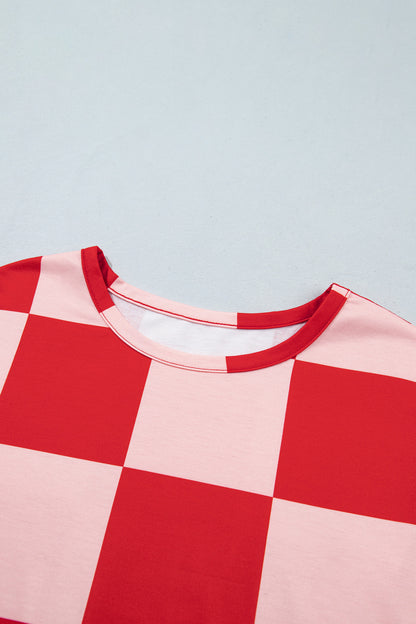 Checkerboard Plaid Long Sleeve Solid Color Shorts 2pcs Set