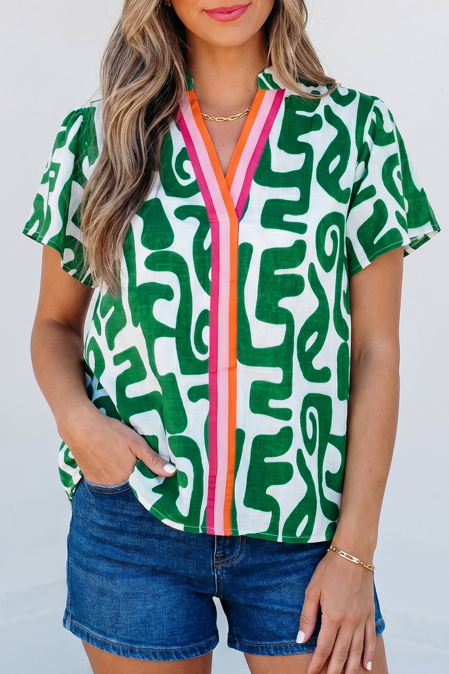 Abstract Print Striped Trim V Neck Short Sleeve Blouse