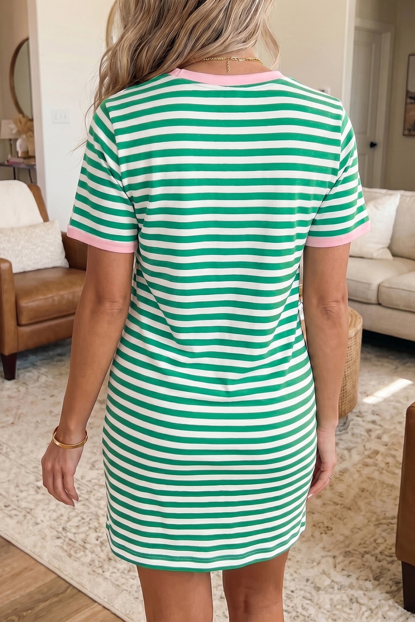 Stripe Nautical Tie Contrast Trim Round Neck T Shirt Mini Dress