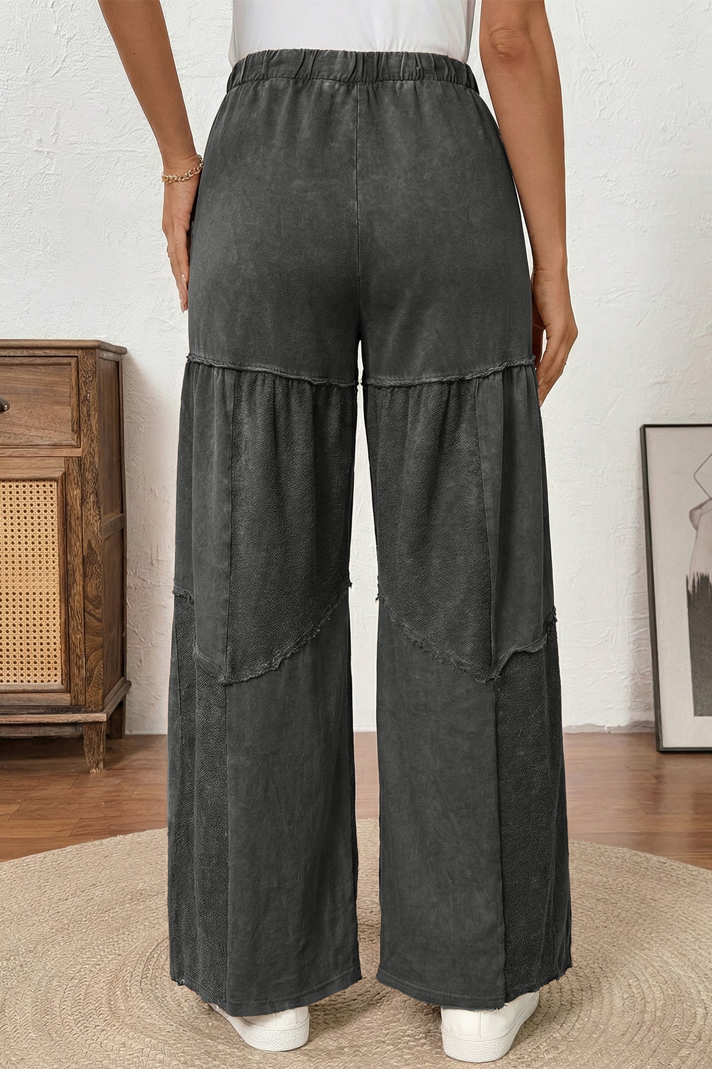 Wild Ginger Careys Mineral Wash Tiered Wide Leg Patchwork Drawstring Pants