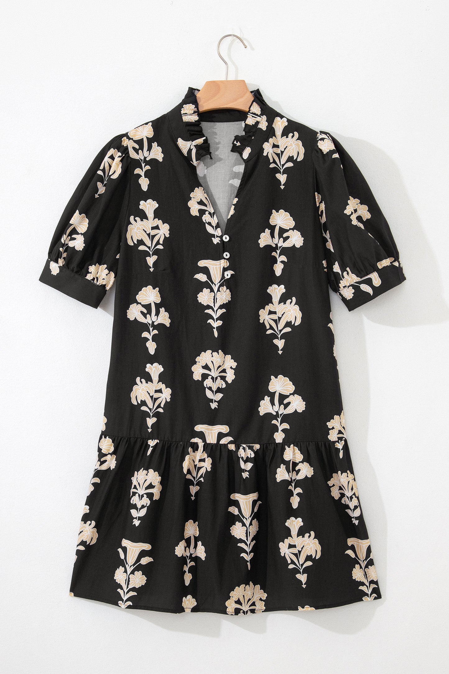 Frilled V Neck Puff Short Sleeve Floral Mini Dress