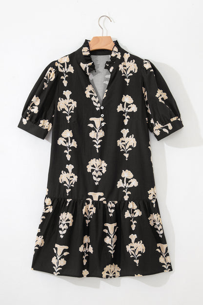 Frilled V Neck Puff Short Sleeve Floral Mini Dress