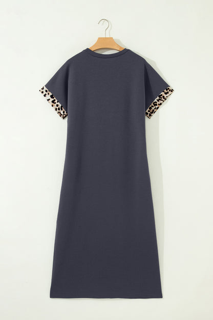 Contrast Leopard Bow Patched Short Sleeve T Shirt Long Dress
