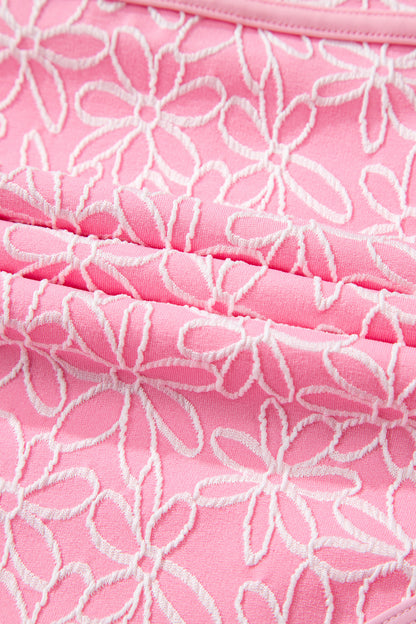 Pink Corded Flower Texture Spaghetti Straps Halterneck One Piece Swimsuit