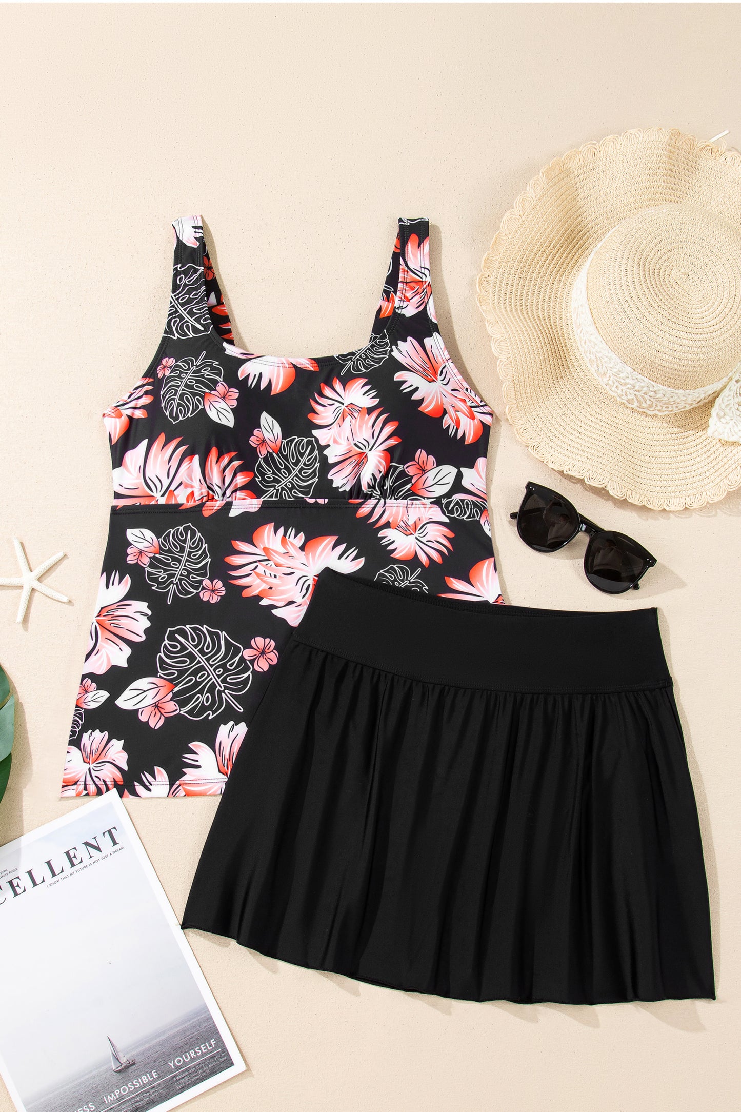 Black Scoop Neck Adjustable Tankini and Matching Skort Bathing Suit