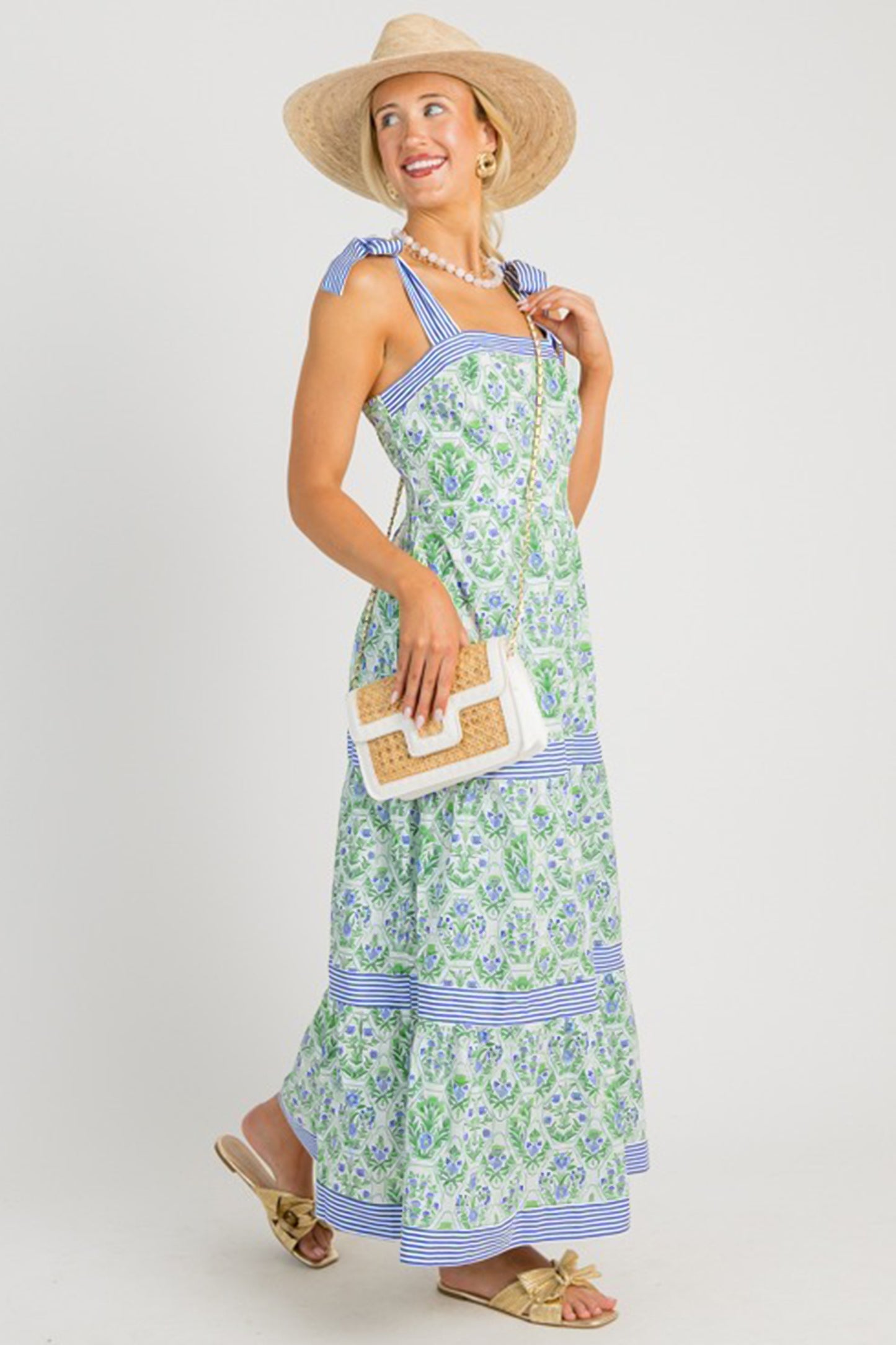 Geometric Floral Print Striped Patchwork Detail Sleeveless Dress