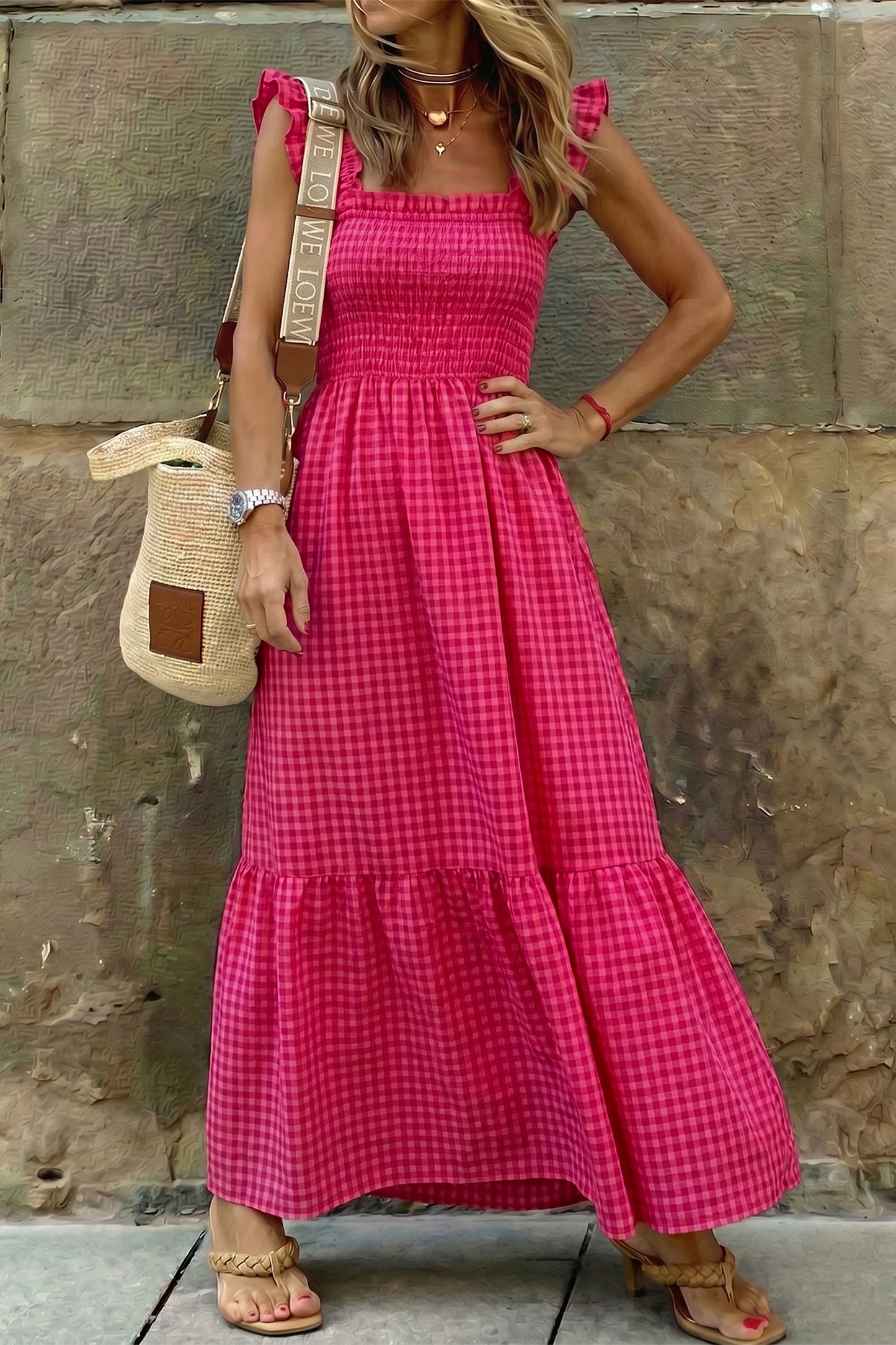 Plaid Square Neck Fit-and-flared Vacation Sundress