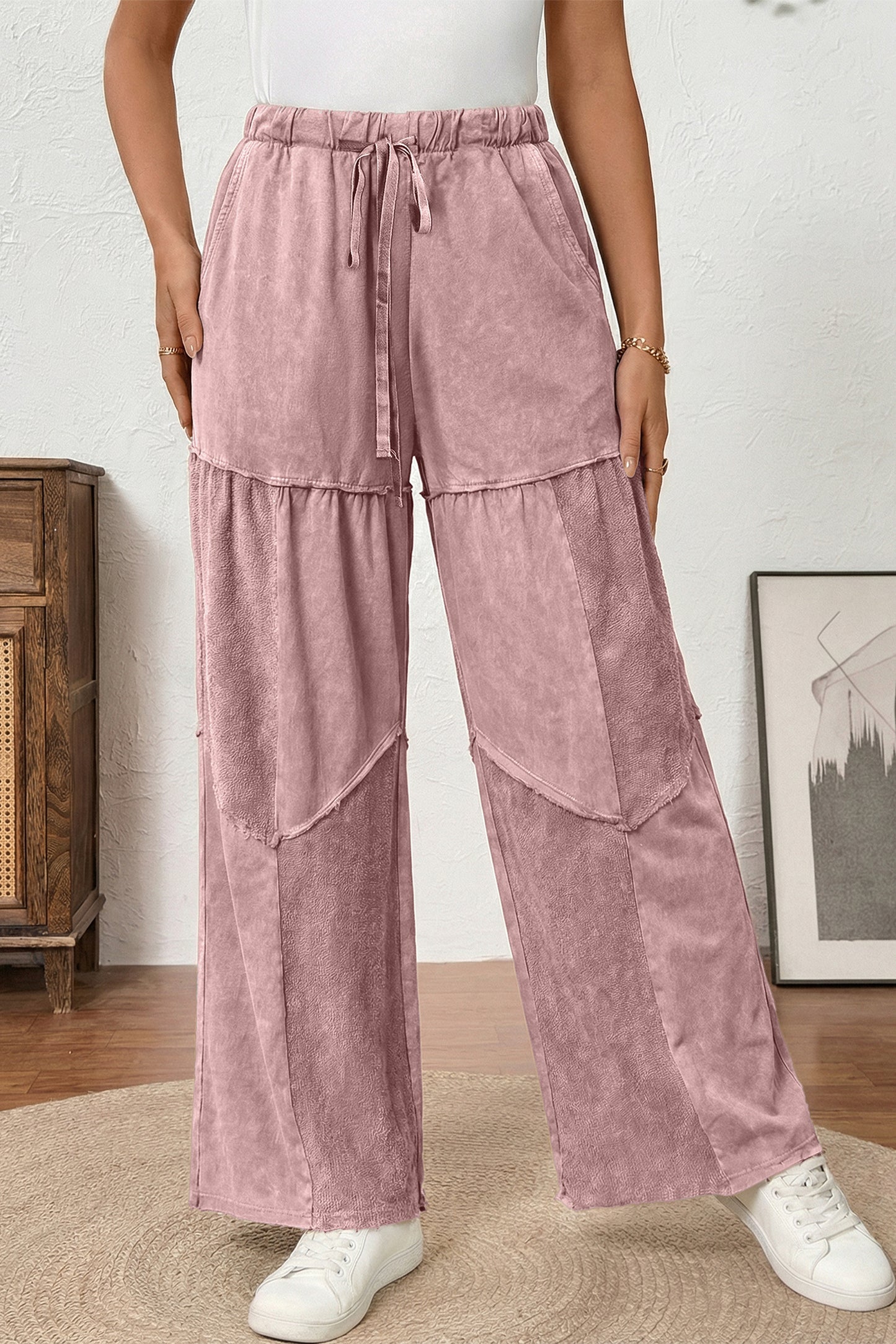 Wild Ginger Careys Mineral Wash Tiered Wide Leg Patchwork Drawstring Pants