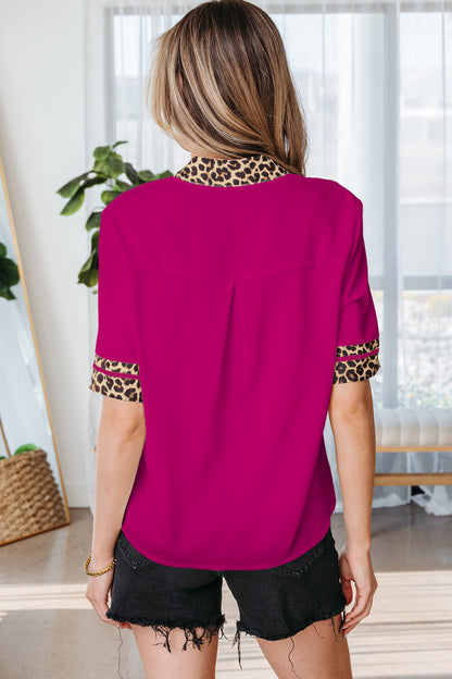 Leopard Patchwork Trim Split Neck Short Sleeve Blouse
