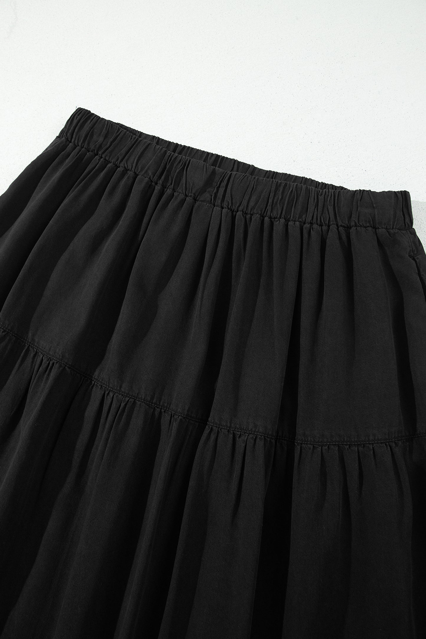 Elastic Waist Ruffled Tiered Flared Denim Maxi Skirt