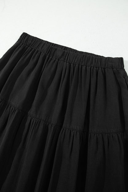 Elastic Waist Ruffled Tiered Flared Denim Maxi Skirt