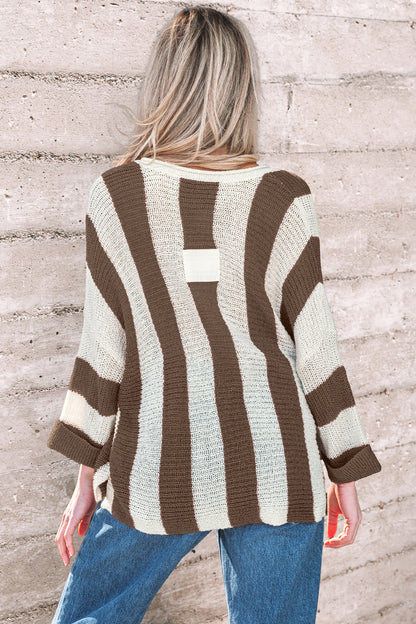 Brown Stripe Colorblock V Neck Bracelet Sleeve Sweater