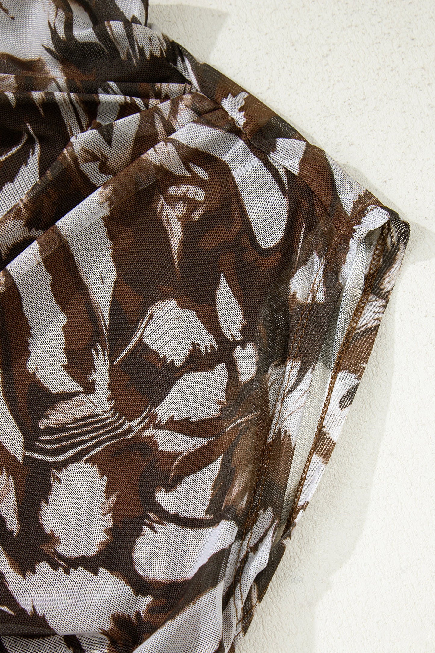 Brown Abstract Print Mesh Cowl Neck Cap Sleeve Ruched Midi Dress with Slit