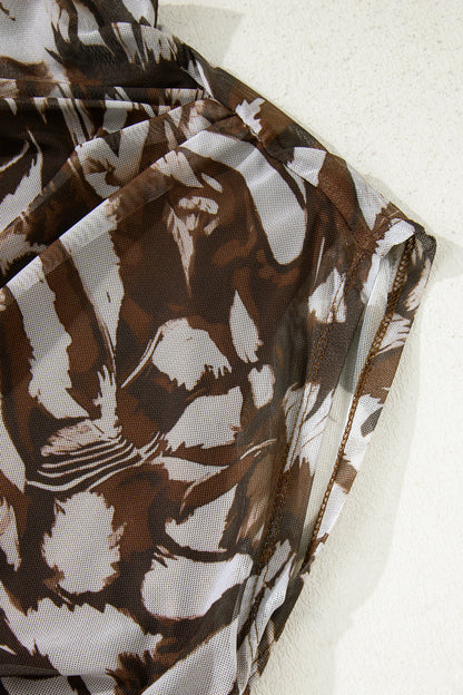 Brown Abstract Print Mesh Cowl Neck Cap Sleeve Ruched Midi Dress with Slit