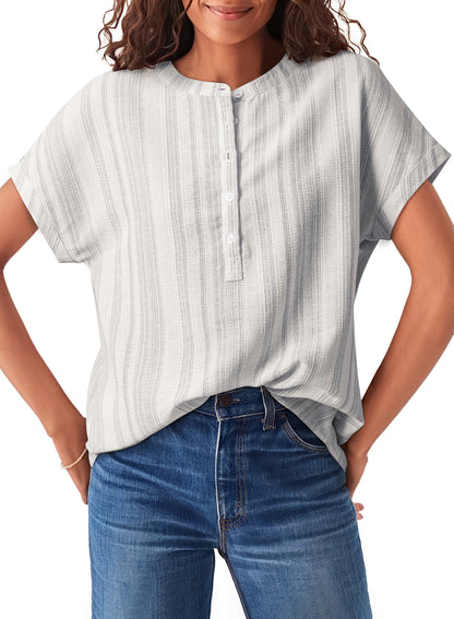 Gray Breathable Gauze Half Button Short Sleeve Casual Blouse