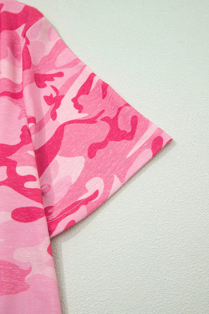 Pink Camouflage Print Crew Neck T Shirt