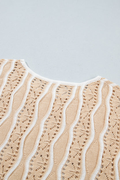 Wavy Detail Hollow Out Knit Long Sleeve Cotton Pullover Sweater