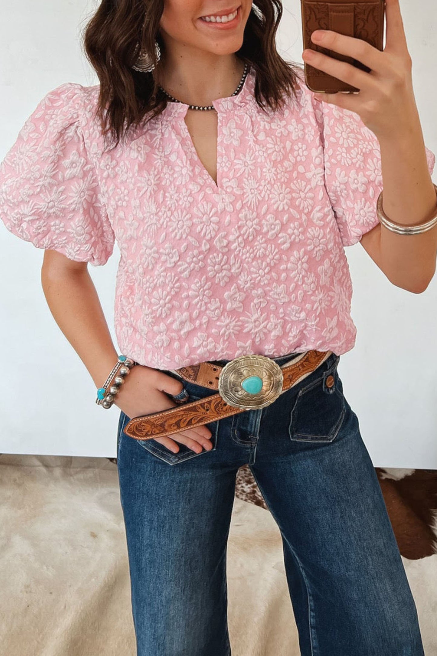 Floral Textured Jacquard Puff Sleeve Blouse