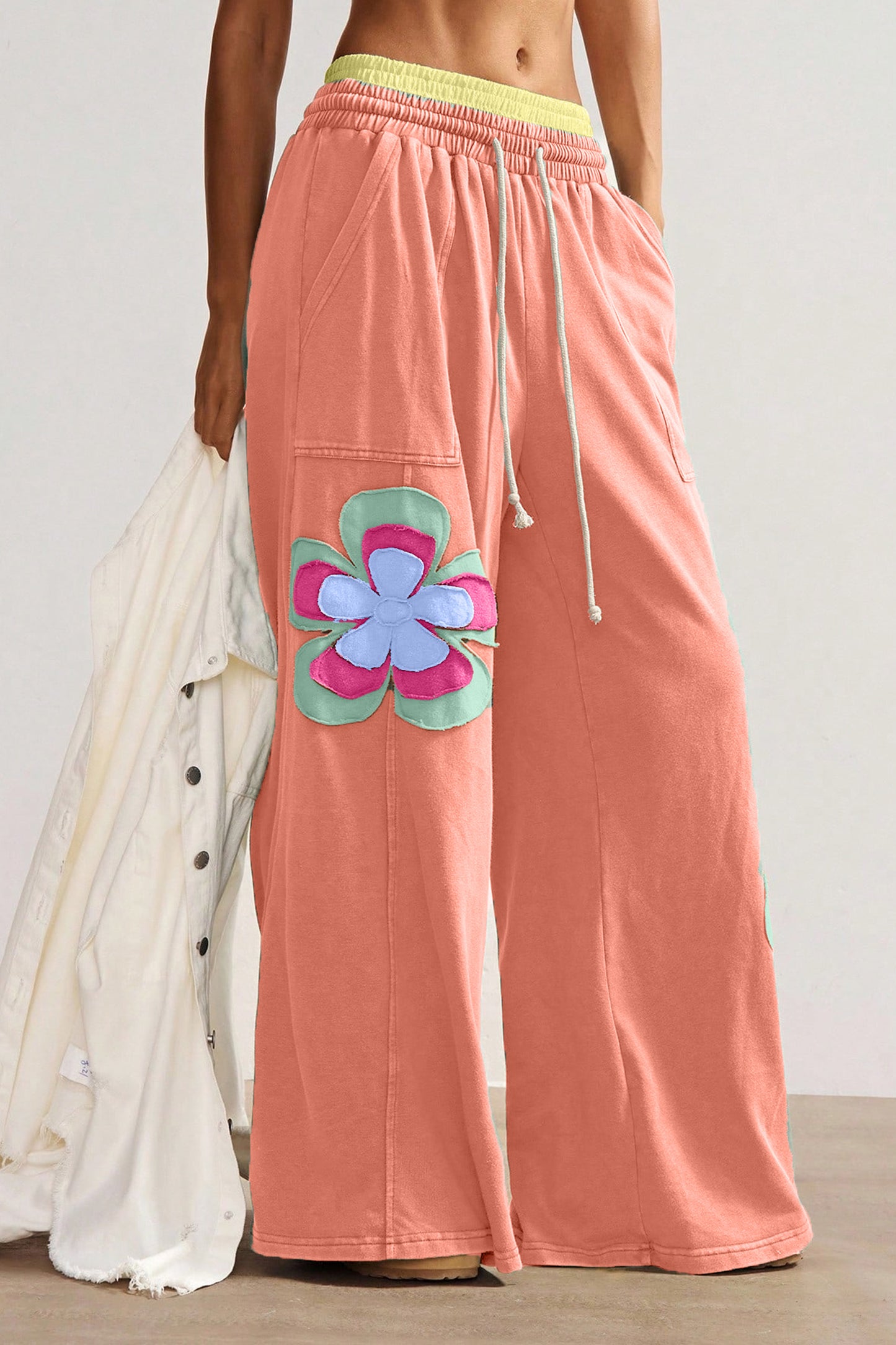 Color Block Flower Patchwork Drawstring Contrasted Elastic Waist Wide Leg Pants
