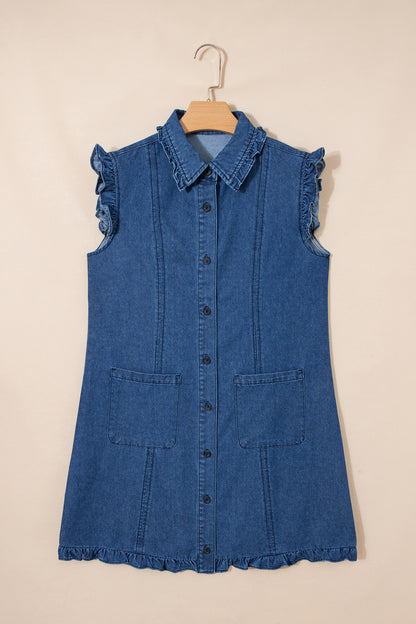 Ruffled Edge Collared Shift Denim Dress with Pockets