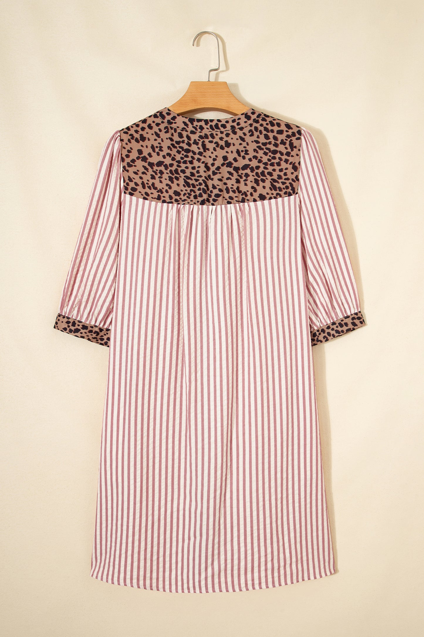 Stripe Square Button Leopard Trim Loose Bracelet Sleeve Shirt Dress