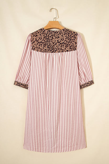 Stripe Square Button Leopard Trim Loose Bracelet Sleeve Shirt Dress