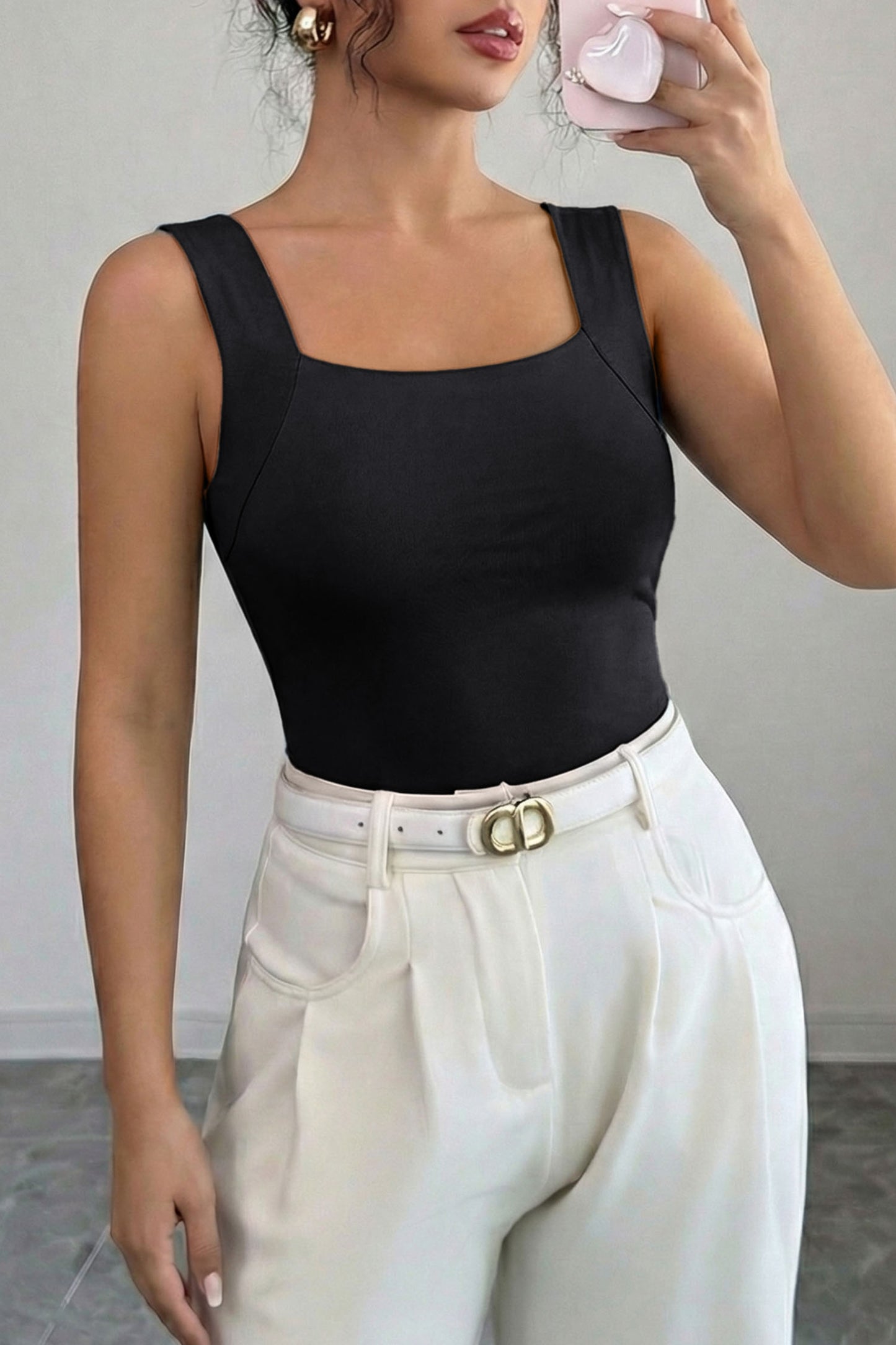 Solid Color Wide Strap Splicing Athleisure Tank Top