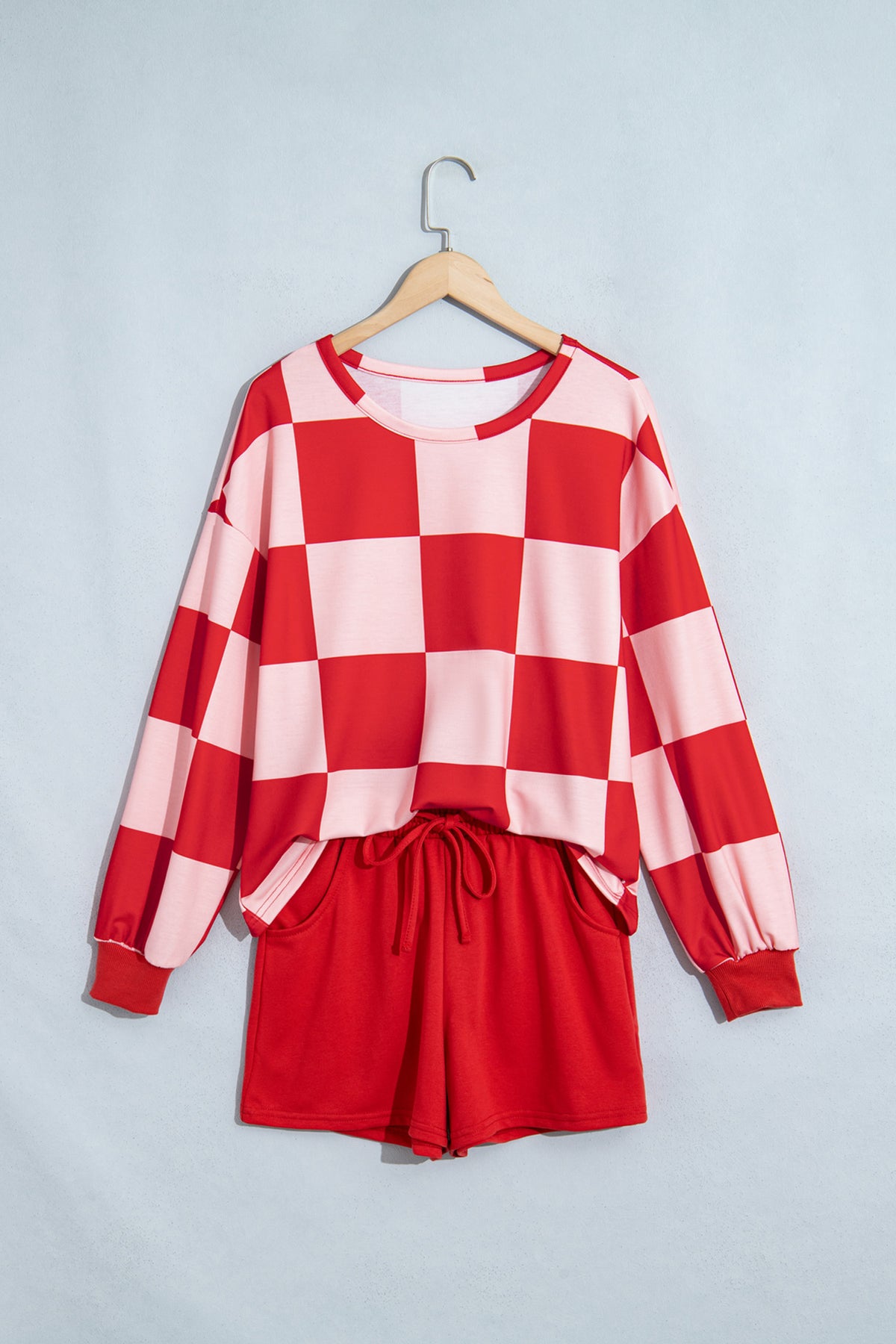 Checkerboard Plaid Long Sleeve Solid Color Shorts 2pcs Set