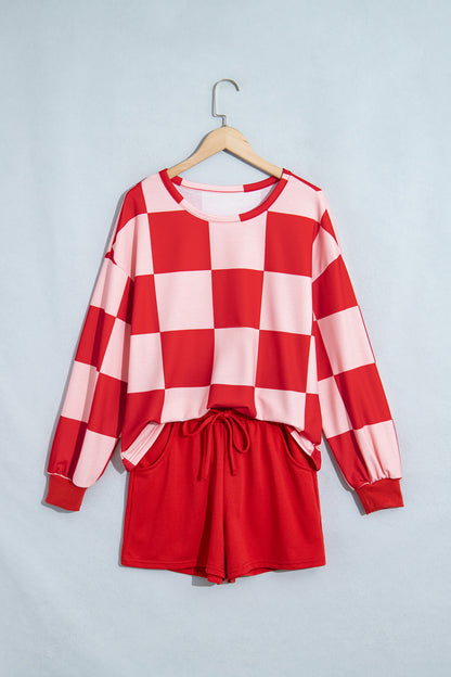 Checkerboard Plaid Long Sleeve Solid Color Shorts 2pcs Set