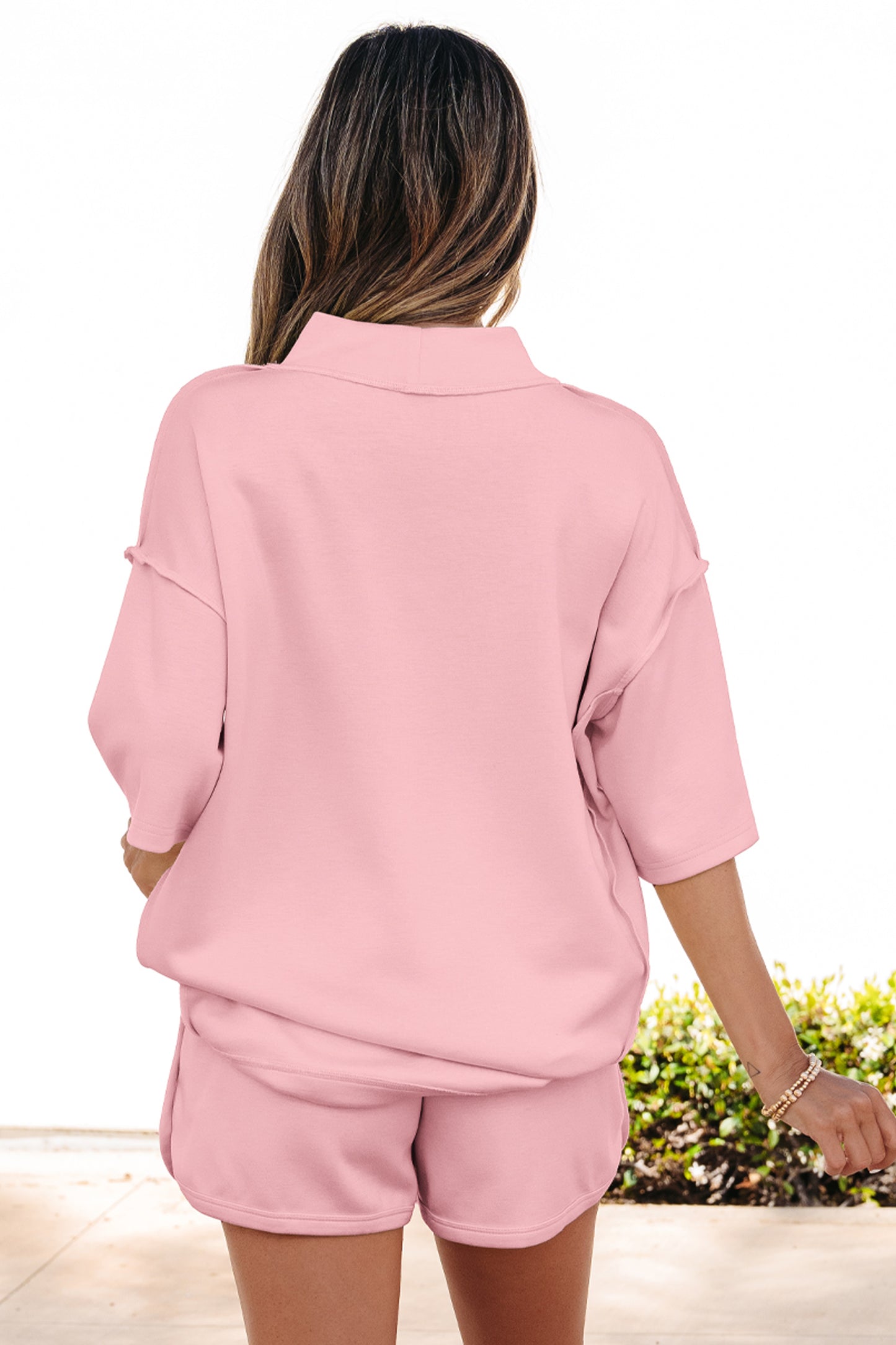 Solid Color Exposed Seam Mock Neck Oversize Tee Casual Shorts 2pcs Outfit
