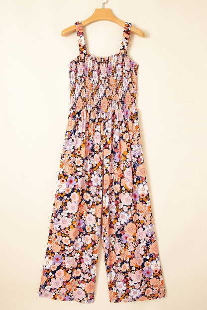 Purple Floral Print Smocked High Waist Square Neck Jumpsuit