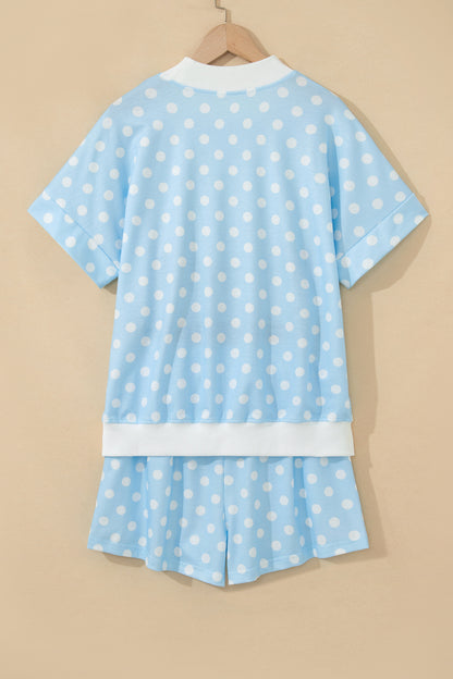 Polka Dot Print Color Block Trim Mock Neck Short Set