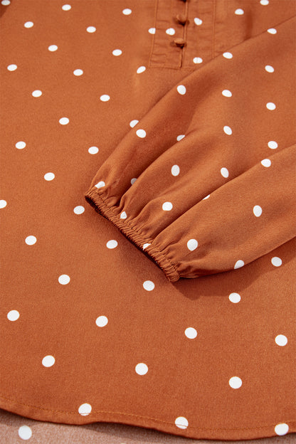 Brown Polka Dot Half Button V Neck Long Sleeve Blouse