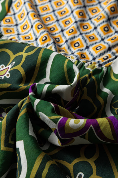 Green Plus Size Mixed Floral Patchwork V Neck Bracelet Sleeve Maxi Dress