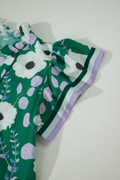 V Neck Ruffled Short Sleeve Flower Maxi Dress