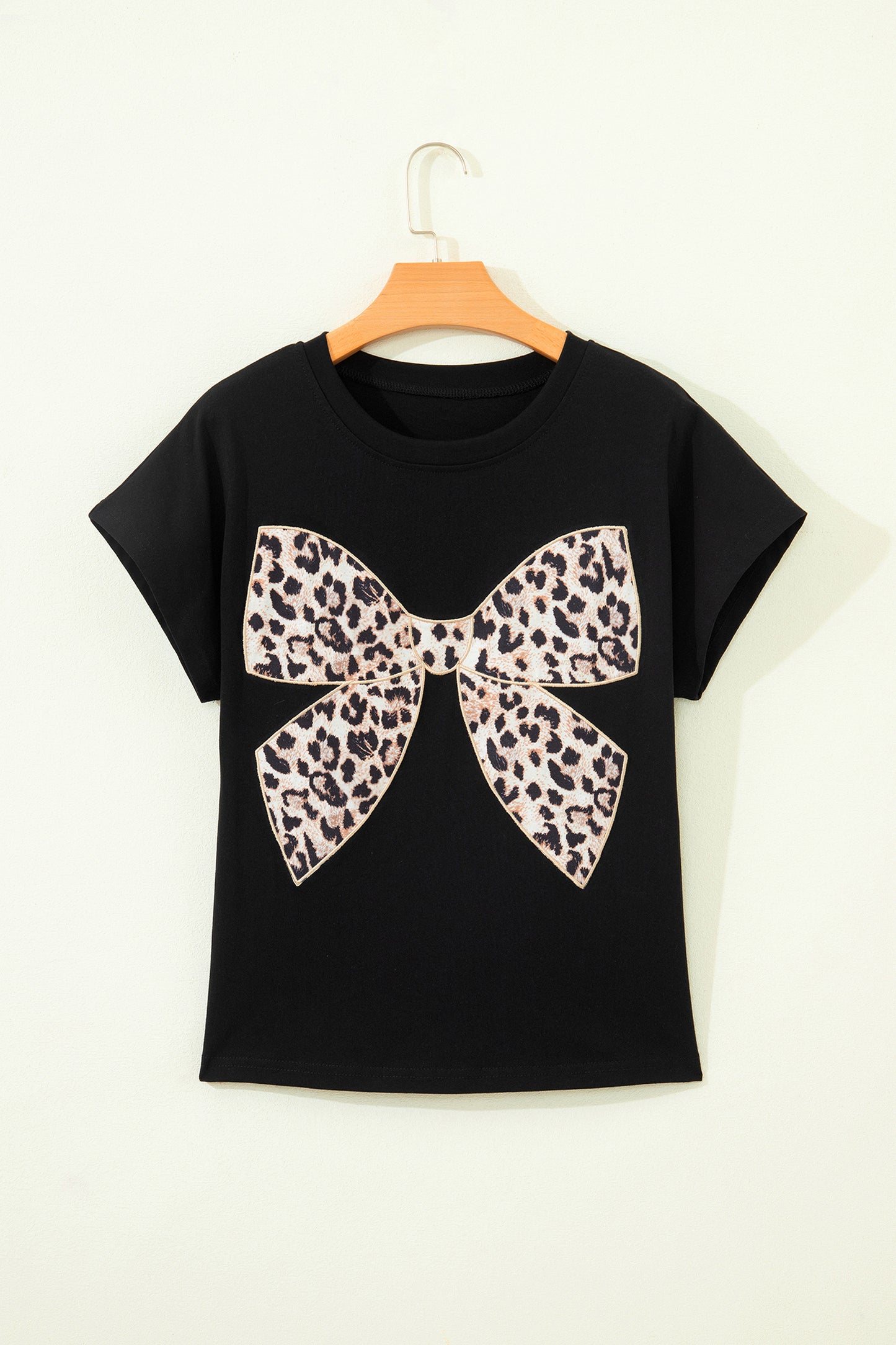 Leopard Bow Embroidered Cotton Round Neck T Shirt