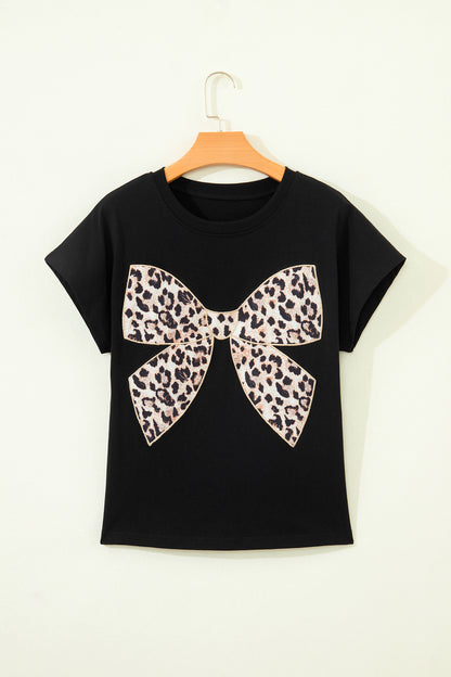 Leopard Bow Embroidered Cotton Round Neck T Shirt