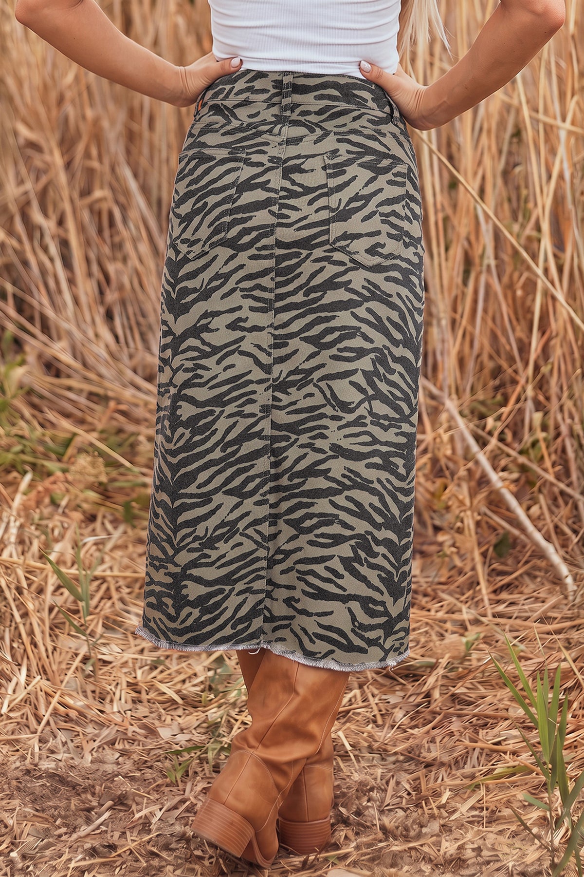 Leopard Print Side Split Frayed Hem Denim Midi Skirt