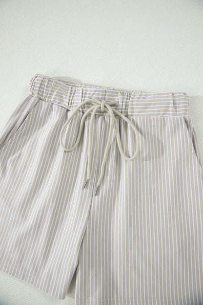 Stripe Dolman Sleeve Polo Shirt and Drawstring Shorts Set