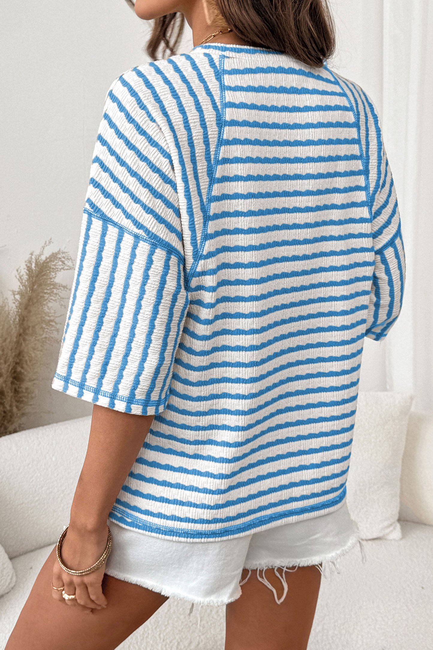 Stripe Textured Knit Split Hem Half Sleeve Loose Top
