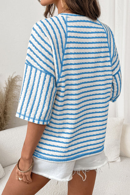 Stripe Textured Knit Split Hem Half Sleeve Loose Top